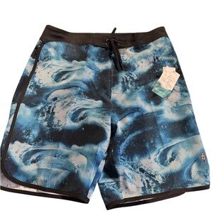 AQUA TECH Men's Board Shorts Blue Black Water Pattern Swim Trunks 32